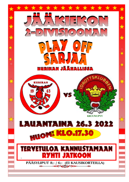 2-Div. Play off  KuRy-IKK Lauantai 26.3 klo 17.30