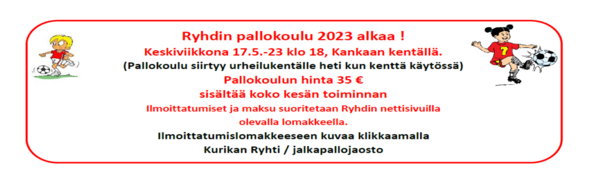 Ryhdin pallokoulu alkaa keskiviikkona 17.5.-23 klo 18 Kankaan kentällä
