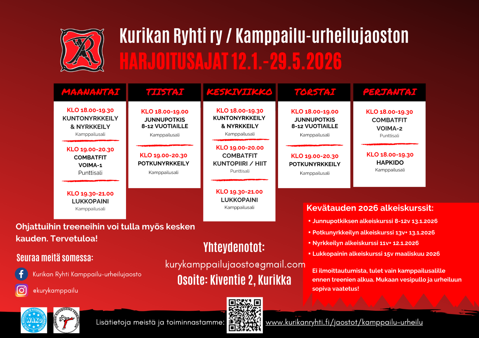 Kamppailu-urheilun kevätkauden 2026 harjoitusajat