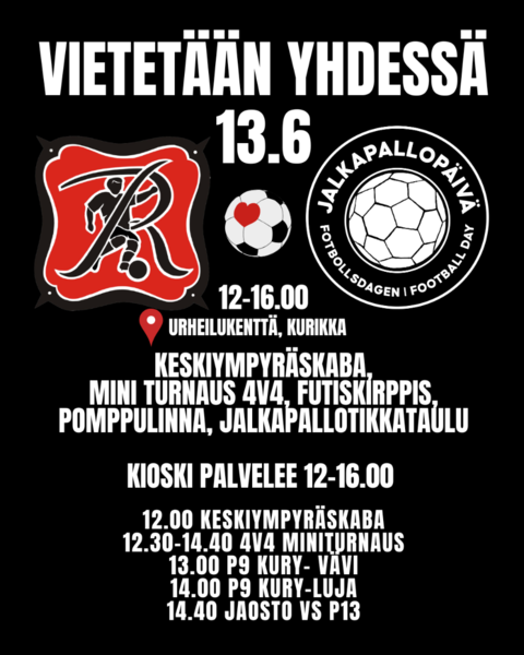 ​Kansallista Jalkapallopäivää juhlitaan Kurikan urheilukentällä lauantaina 13. kesäkuuta kello 12.00
