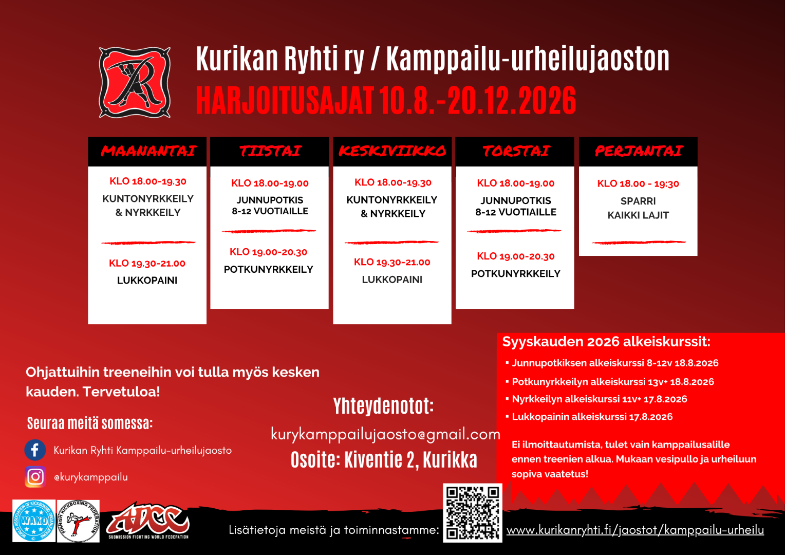Kamppailu-urheilun syyskauden 2026 harjoitusajat