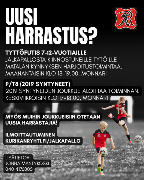 Tyttöfutis ja uusi ikäkausijoukkue 2019 syntyneille aloittavat toiminnan viikolla 43