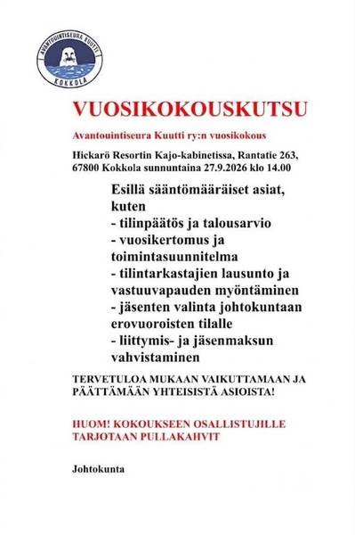 Kuuttien vuosikokous Hickarössä su 27.9.2026 klo 14