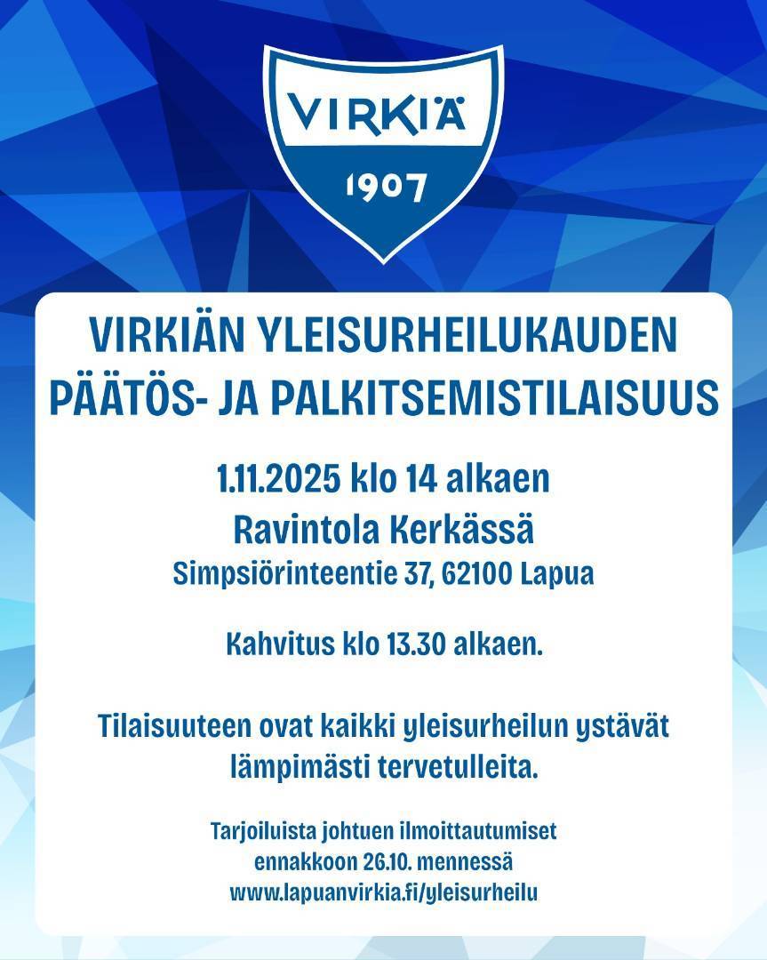 Tervetuloa yleisurheilukauden päätös- ja palkitsemistilaisuuteen 1.11.