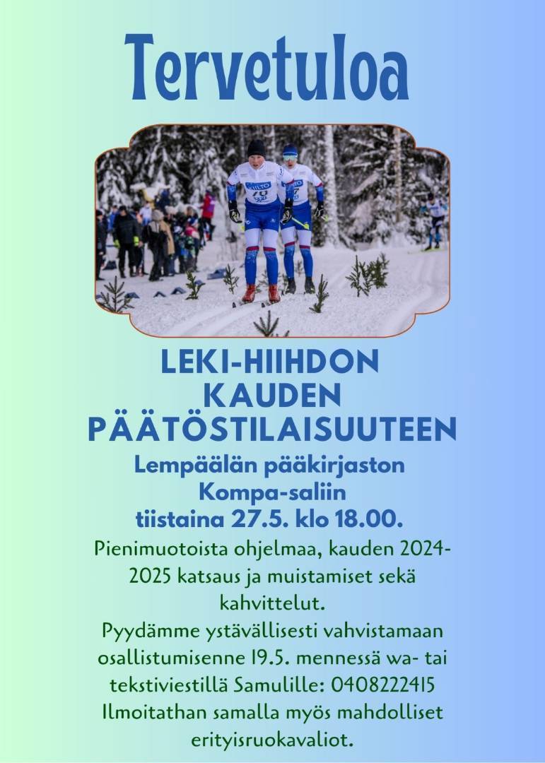 LeKi-hiihdon kauden päätöstilaisuus tiistaina 27.5.