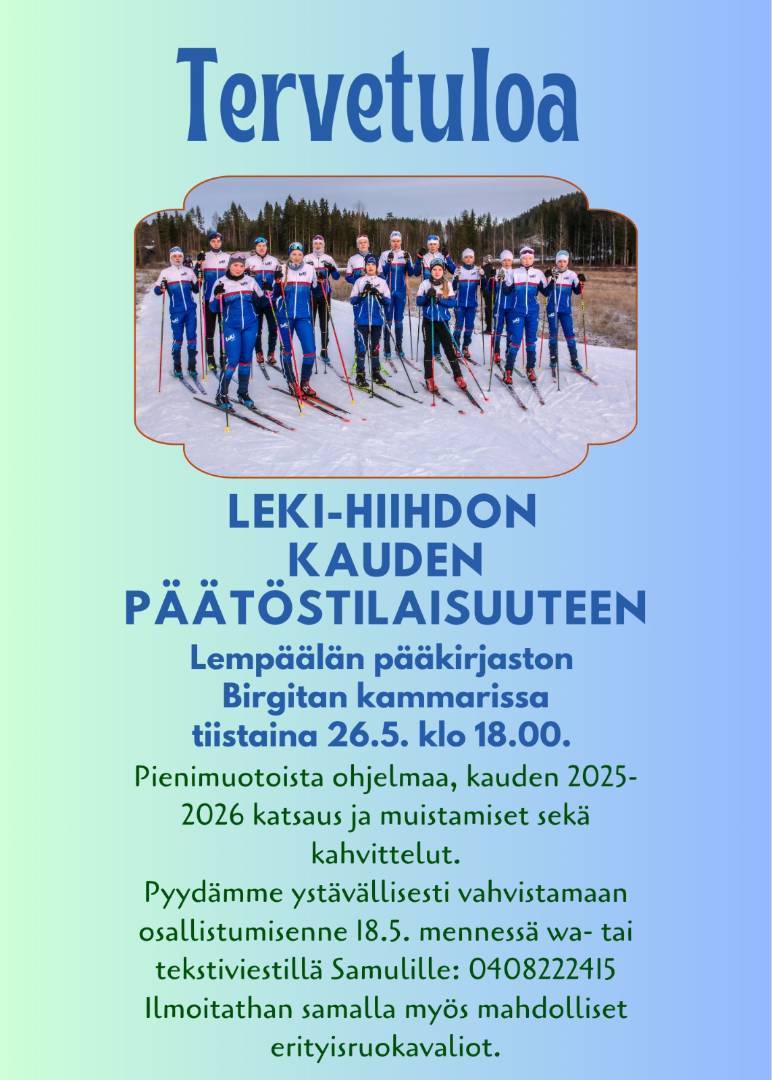 LeKi-hiihdon kauden päätöstilaisuus tiistaina 26.5.