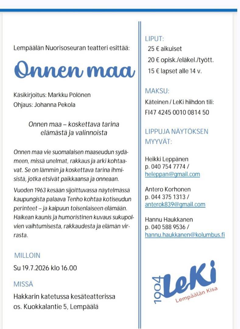 Lähde kesäteatteriin ja tue samalla LeKi-hiihtoa