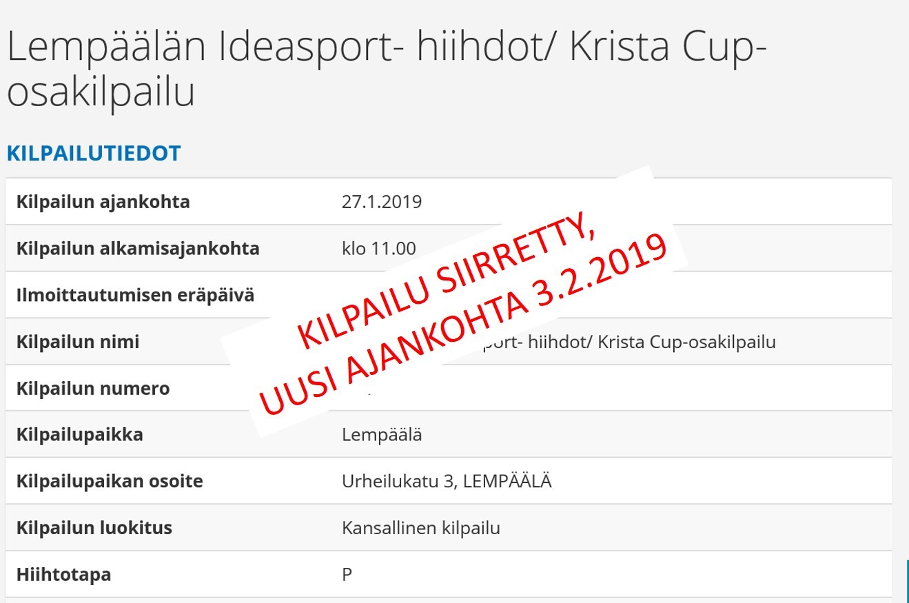 Lempäälän Ideasport hiihdot siirretty - uusi ajankohta 3.2.2019