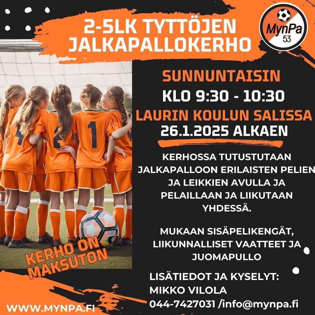 Jalkapallokerho 2-5lk tytöille jatkuu 26.1. klo 9:30-10:30