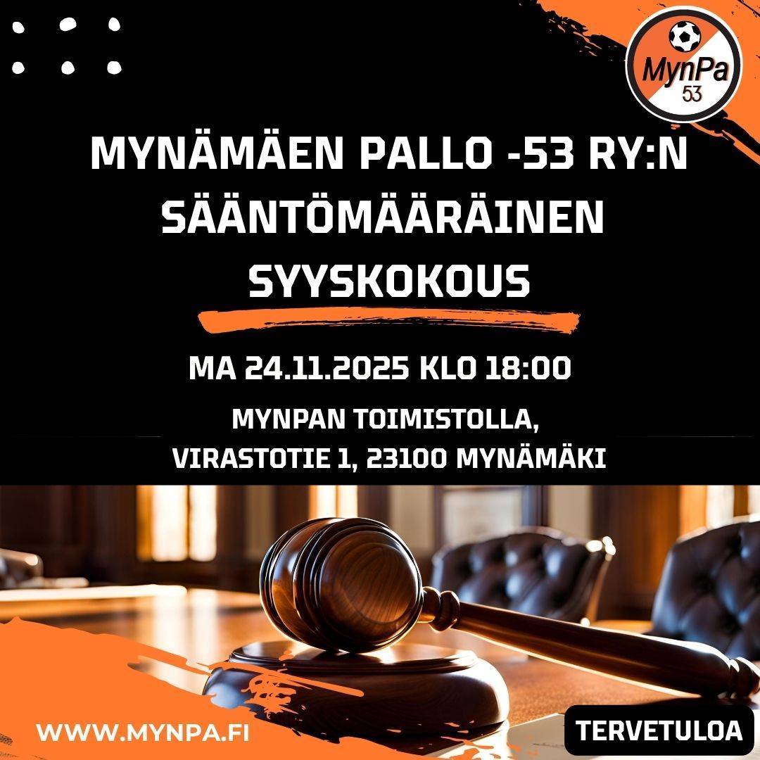 Mynämäen Pallo -53 ry:n sääntömääräinen syyskokous ma 24.11.25 klo 18-19