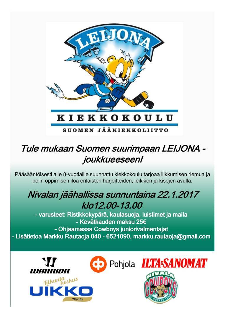 Leijona Kiekkokoulu Sunnuntaina 22.1.2017 kello 12.00-13.00
