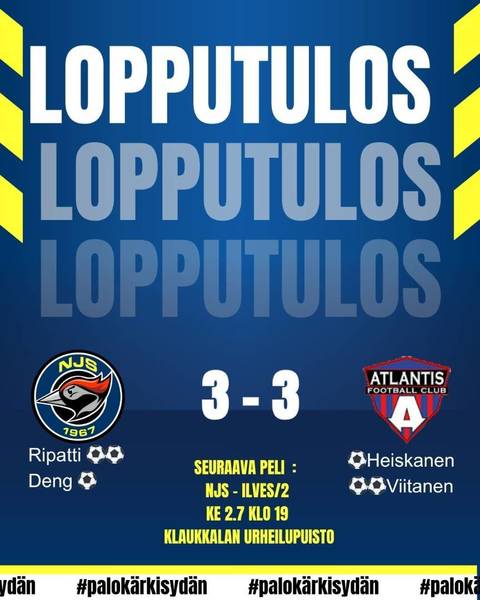 OTTELURAPORTTI NJS -ATLANTIS FC AKATEMIA 3-3 (1-0)