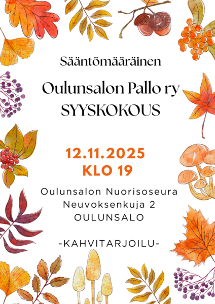Oulunsalon Pallo ry sääntömääräinen syyskokous 12.11.2025 klo 19