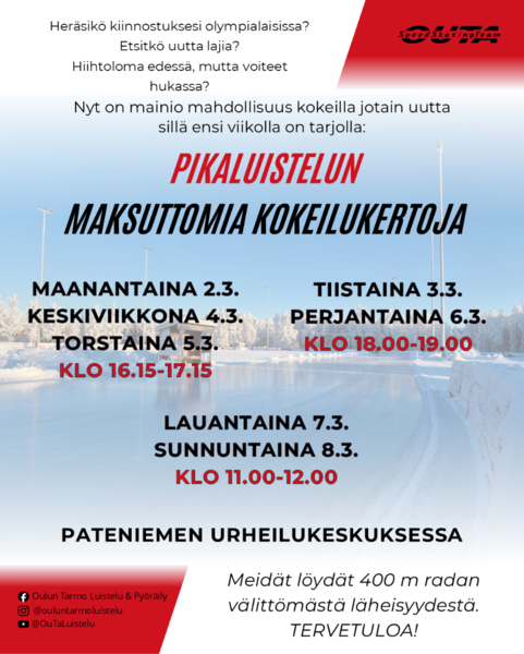 Hiihtolomalla pikaluistelun maksuttomia kokeilukertoja!