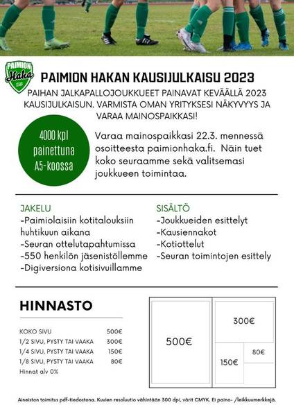 Varaa mainospaikkasi PaiHan jalkapallon kausijulkaisuun 2023!