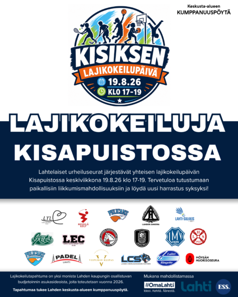 Lajikokeilupäivä Kisapuistossa 19.8.26 klo 17-19