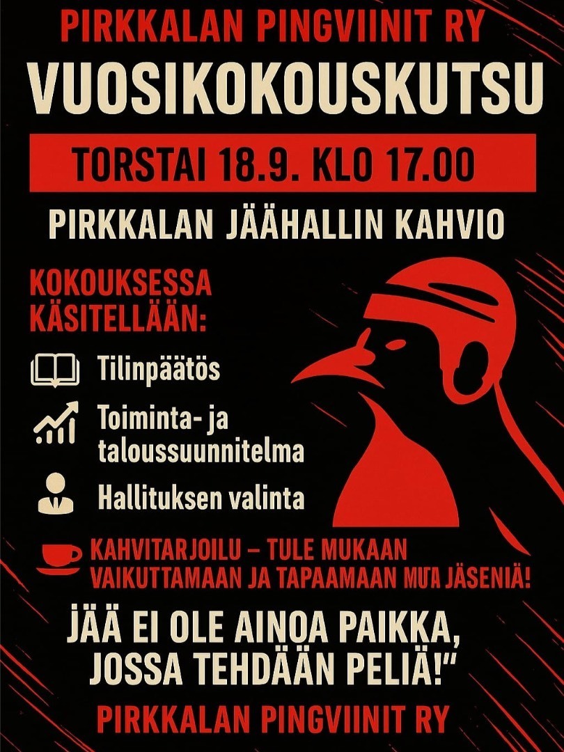 Pirkkalan Pingviinit ry:n vuosikokous torstaina 18.9. klo 17.00