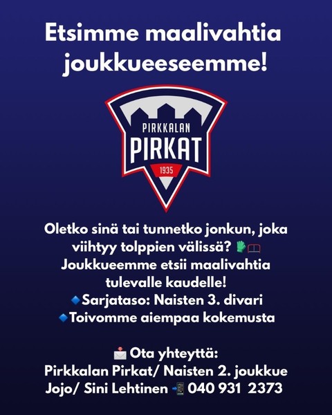 Naisten 2.joukkue etsii maalivahtia