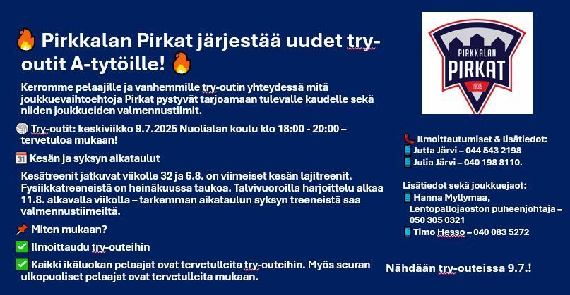 Lentopallon A-tyttöjen tryout keskiviikkona 9.7.2025