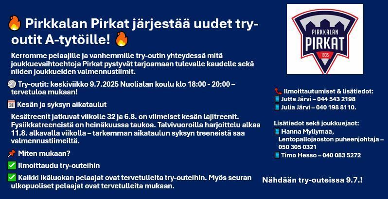 Lentopallon A-tyttöjen try-out keskiviikkona 9.7.2025