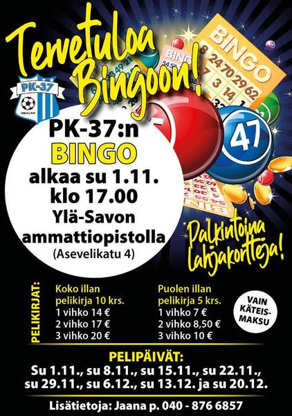 Tervetuloa Bingoon sunnuntaisin Ylä-Savon ammattiopistolle - Aina jouluun saakka!