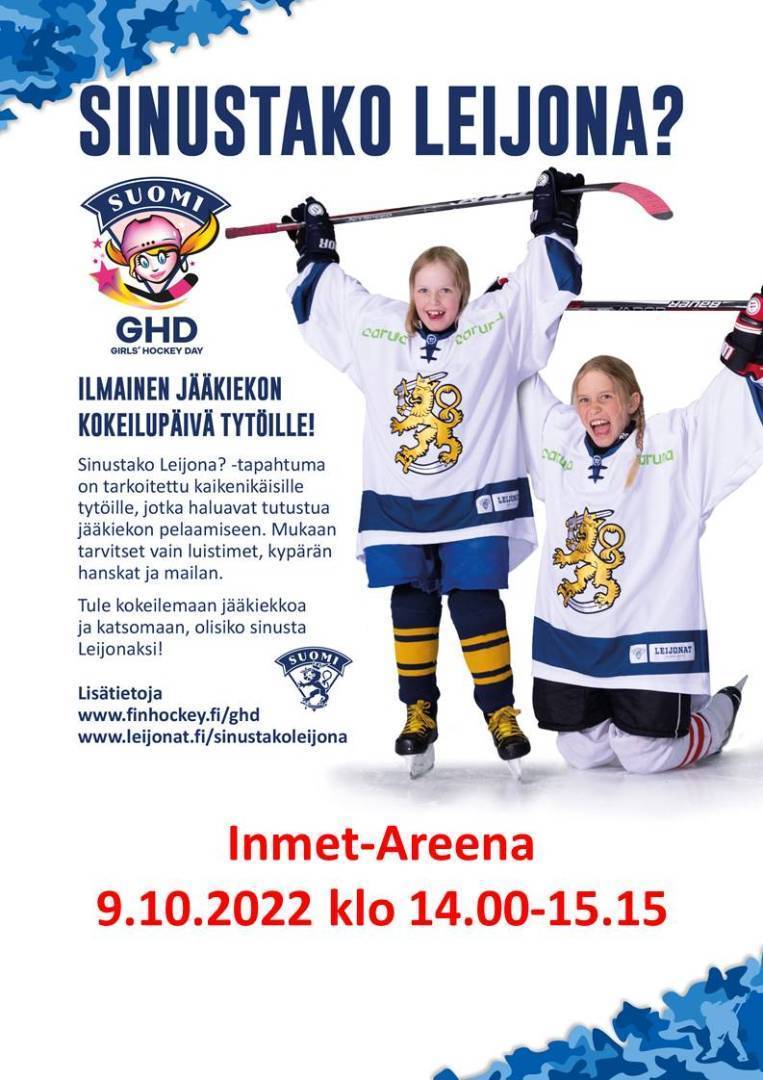 Ilmainen jääkiekon kokeilupäivä tytöille ja naisille sunnuntaina 9.10.2022 klo 14.00-15.15