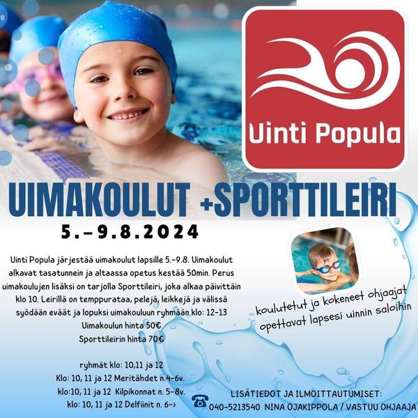 Ilmoittautuminen Uinti Populan uimakouluihin +sporttileirille alkaa