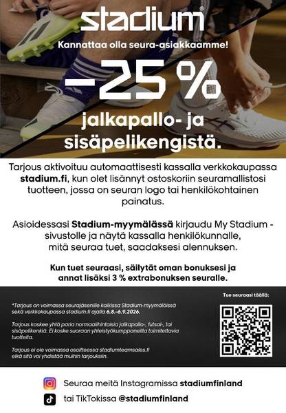 Stadium seuraetu -25 % jalkapallo- ja sisäpelikengistä! 