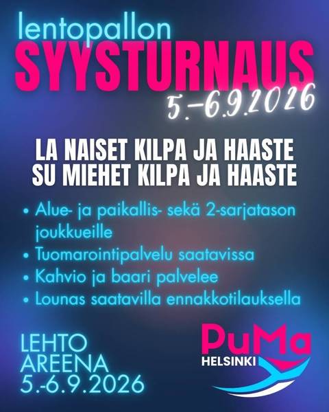 Syysturnaus 5.9. ja 6.9. - Kaikille paikallis-, alue- ja 2-sarjatason joukkueille
