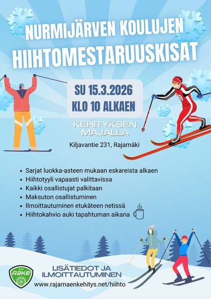 Nurmijärven koulujen hiihtomestaruuskilpailut sunnuntaina 15.3.2026 klo 10