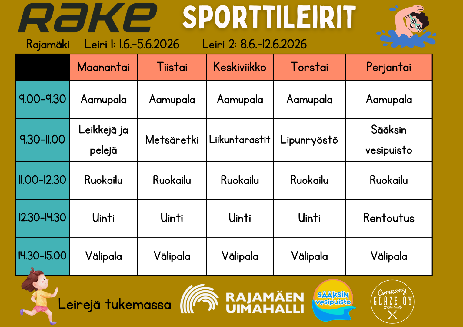 Sporttileirit Rajamäellä kesäkuun 1. ja 2. vkolla (2026)