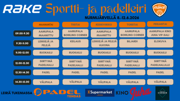 PERUTTU: Sportti- ja padelleiri Nurmijärvellä kesäkuun 2. vkolla (2026)