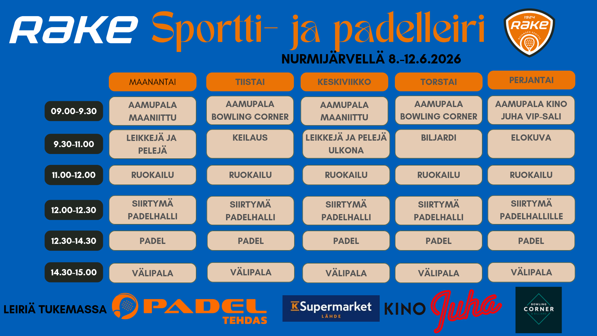 PERUTTU: Sportti- ja padelleiri Nurmijärvellä kesäkuun 2. vkolla (2026)