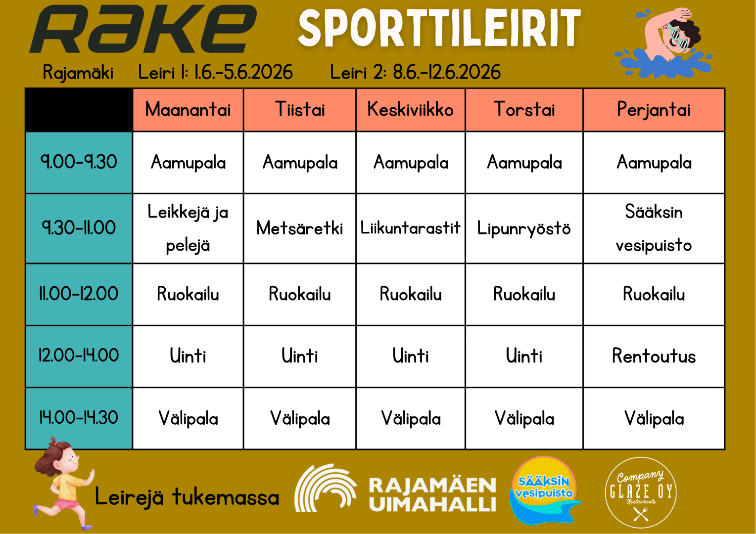 Sporttileirit Rajamäellä kesäkuun 1. ja 2. vkolla (2026)