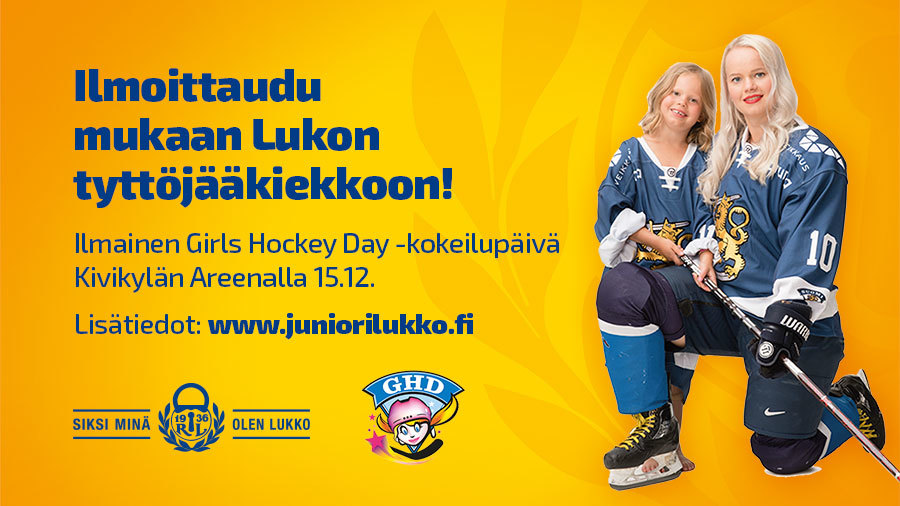 Lukko aloittaa tyttöjääkiekkotoiminnan - Girls Hockey Day -kokeilupäivä Kivikylän Areenalla 15.12.!
