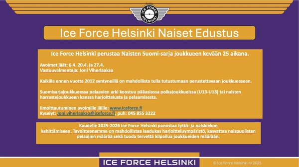 Avoimet jäät: Ice Force Helsinki Naisten edustusjoukkue Suomi-Sarjaan