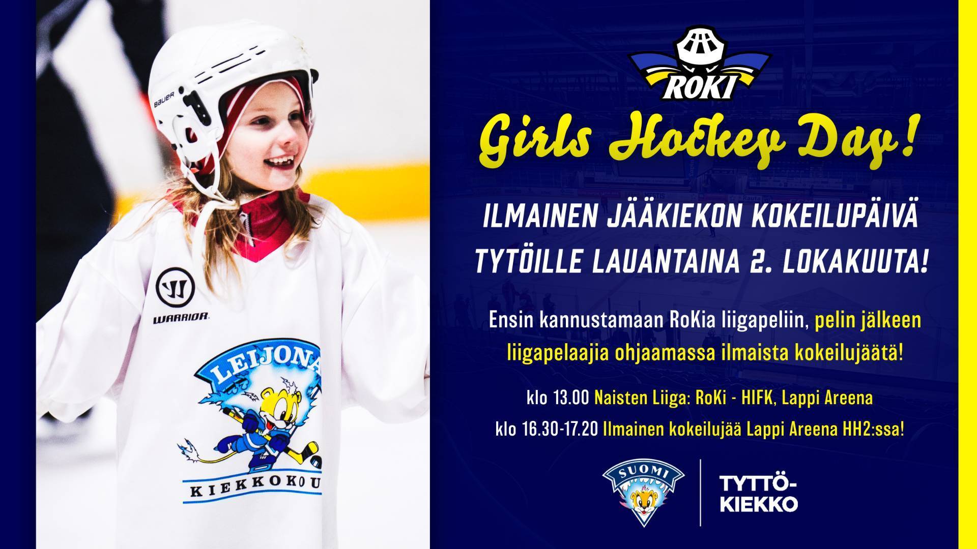 Girls Hockey Day - Ilmainen jääkiekon kokeilupäivä tytöille launtaina 2.10
