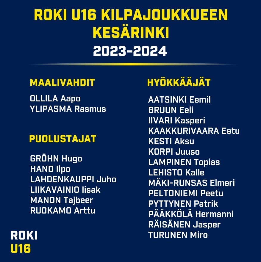 RoKi U16 kilpajoukkueen kesärinki kaudelle 2023-2024