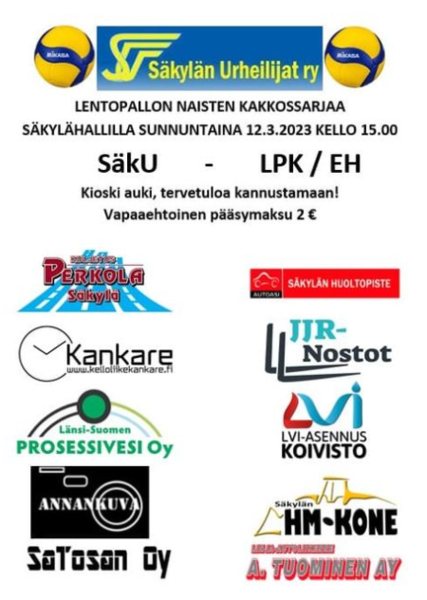 Lentopalloa Naisten kakkossarjaa Säkylähallilla sunnuntaina 12.3.2023