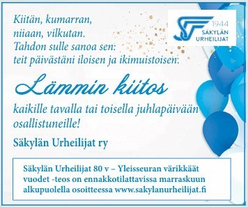 Lämmin kiitos kaikille tavalla tai toisella Säkylän Urheilijoiden 80v juhlapäivään osallistuneille!