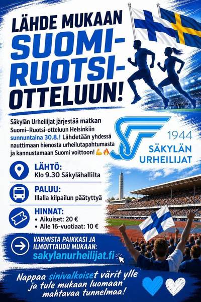 Lähde mukaan Suomi-Ruotsi maaotteluun sunnuntaina 30.8.2026!