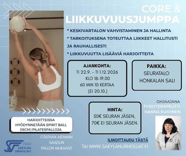 Core - liikkuvuusjumppa syksyllä 2026, ohjaajana fysioterapeutti Hanna Kuivinen