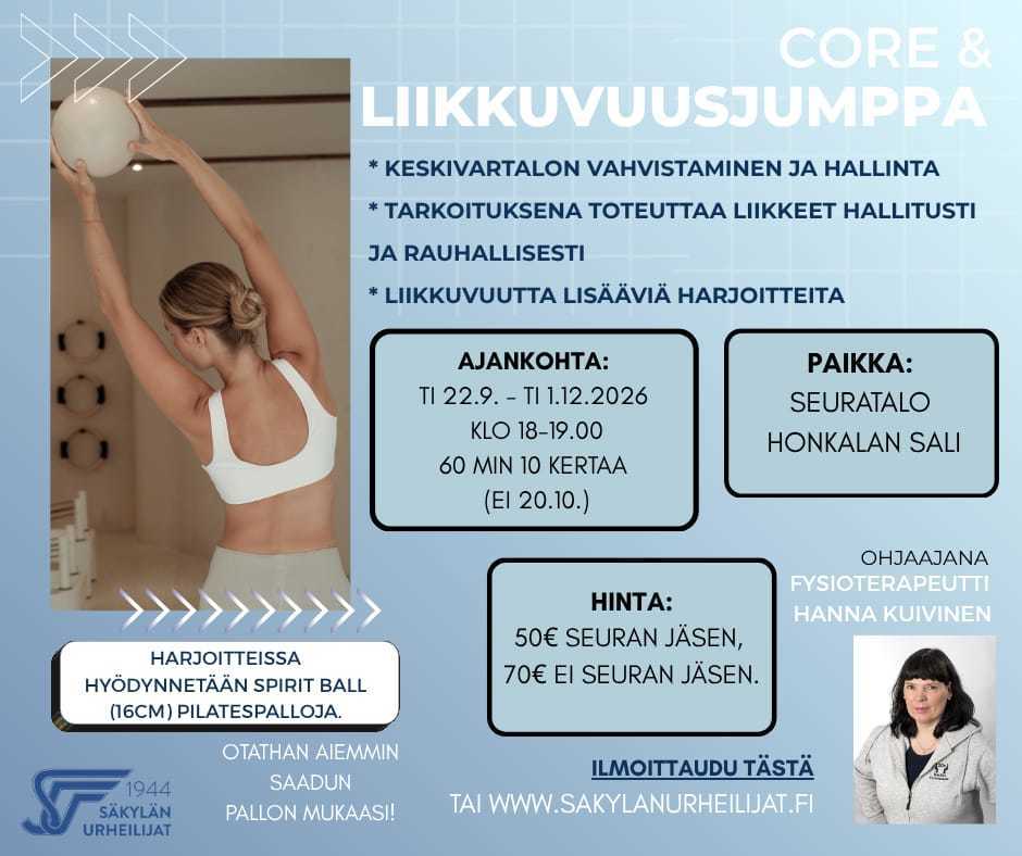 Core - liikkuvuusjumppa syksyllä 2026, ohjaajana fysioterapeutti Hanna Kuivinen