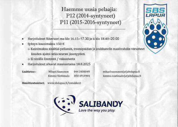 P11 ja P12 hakee uusia pelaajia