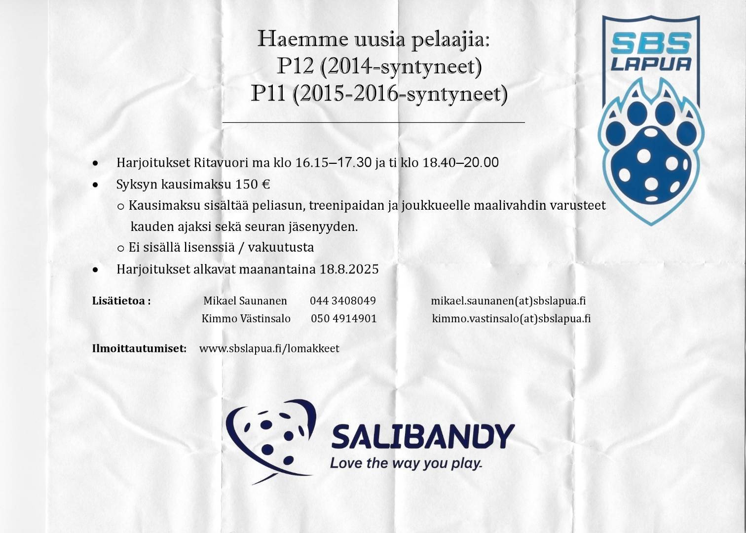 P11 ja P12 hakee uusia pelaajia