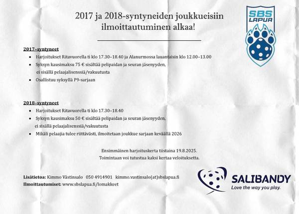 Ilmoittautuminen 2017 ja 2018-syntyneiden ryhmiin alkaa