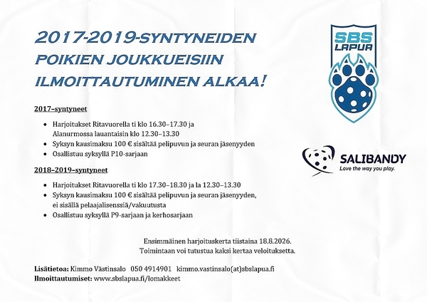 Ilmoittautuminen 2017 ja 2018-2019-syntyneiden ryhmiin alkaa