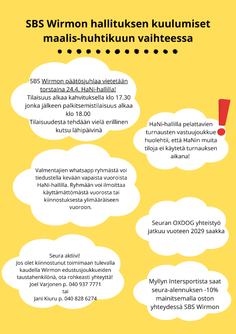 SBS Wirmon hallituksen kuulumiset maalis-huhtikuun vaihteessa