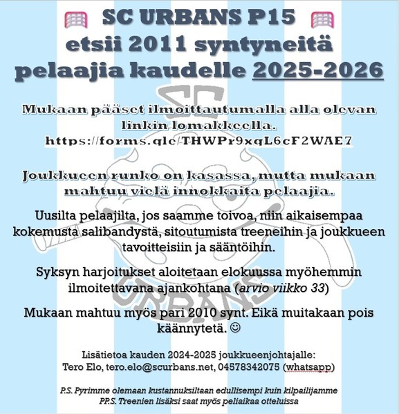 P15 (2011) Pelaajahaku kaudelle 2025-2026