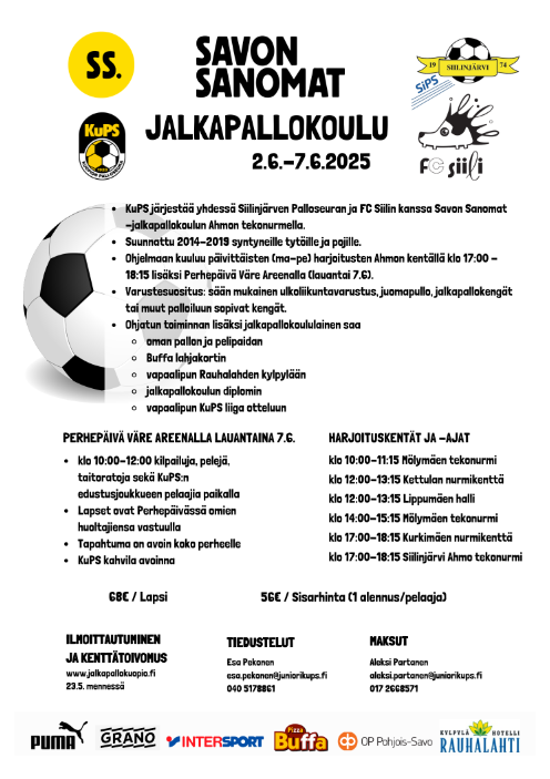 Savon Sanomat jalkapallokoulu tulee taas Ahmolle 2.-7.6.2025